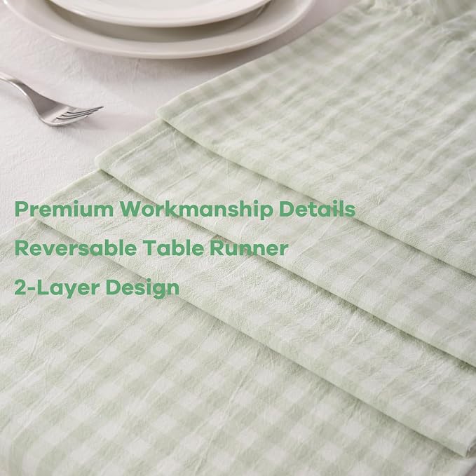 Pile Green White Plaid Gingham Ruffle Table Runner 90 inches Long 100% Washed - Image 5