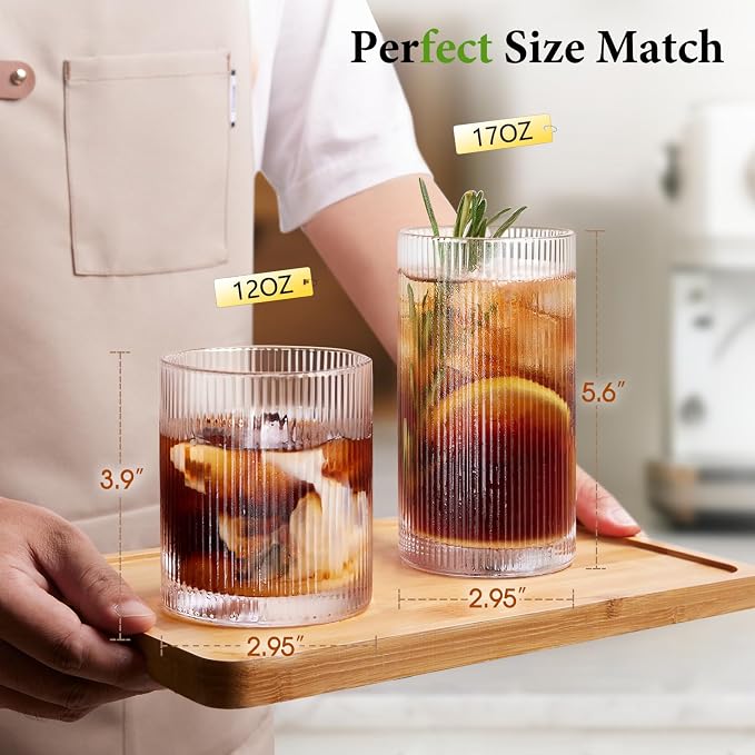 Drinking Water Glass Cups Set, Crystal Clear ribbed Glass set of 8, 17oz&12oz | - Image 2