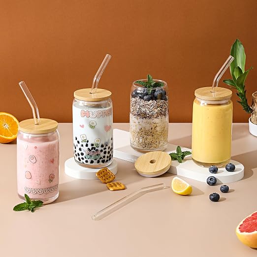 VITEVER Glass Cups with Bamboo Lids and Glass Straw - Image 3