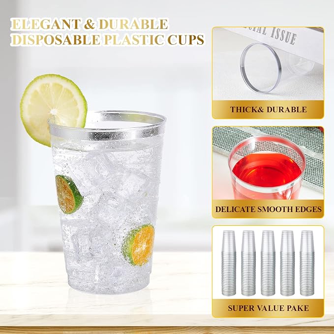 Vplus 150 Pack 12 OZ Silver Rimmed Disposable Plastic Cups - Image 2