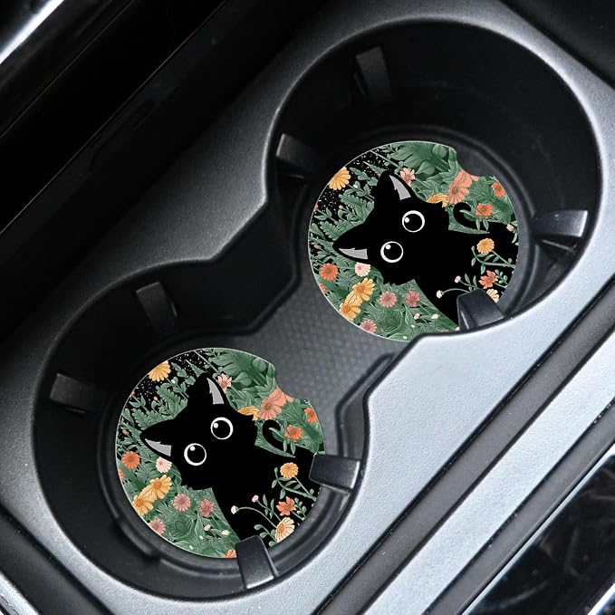 2pcs Cute Black Cat Car Coasters, Absorbent Universal neoprener Cup Holder - Image 3