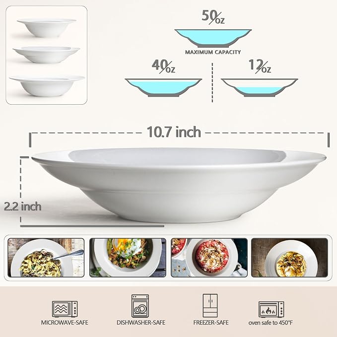 Large Pasta Bowls, 50 Ounces Big Salad Bowls, 10.7 inch White Soup Bowls - Image 2