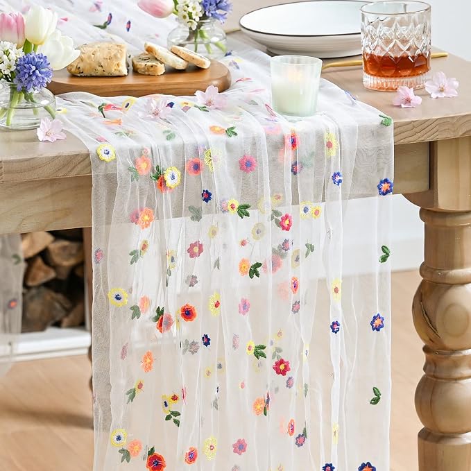 Artoid Mode Milky White Floral Gauze Embroidery Table Runner 120 Inch 10FT | by ArtoidMode