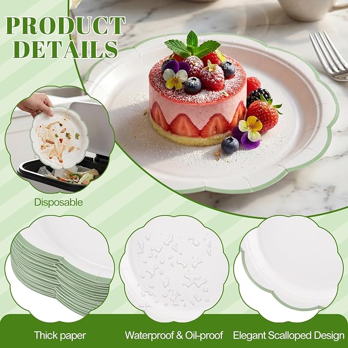 30 Pcs Sage Green and White Paper Plates 9 In White Plates - Image 3