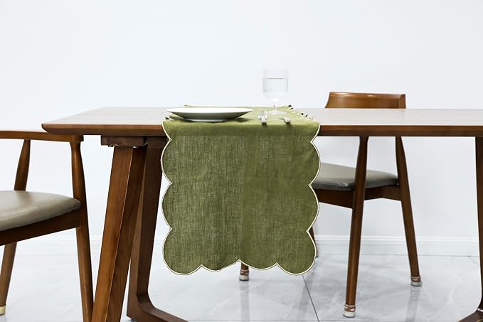 100% Natural Linen Rustic Scalloped Embroidery Table Runner 48 Inches, Linen by AORISSI