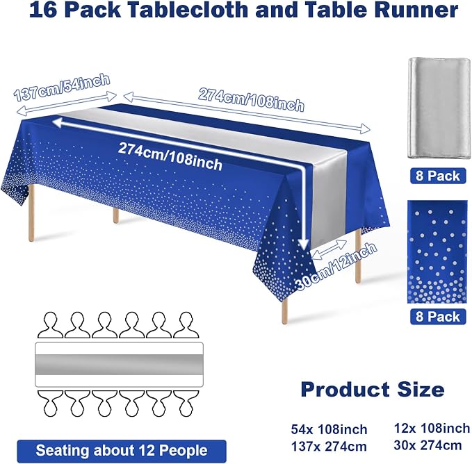 16Pack Disposable Plastic Tablecloths and Satin Table Runner Set Blue and - Image 2
