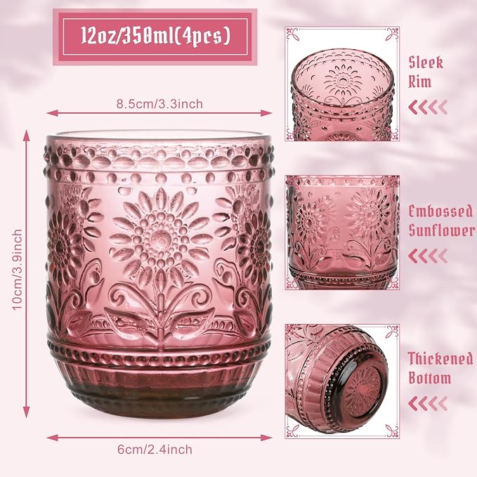 Topsky Vintage Drinking Glass Set of 4, 12 oz Embossed Floral Drinkware Set - Image 4