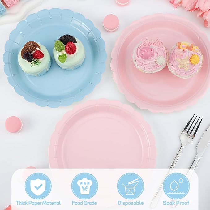 NatNarr 30 Pcs Gender Reveal Plates, 9 Inch Pink Blue Paper Plates | Scalloped - Image 4