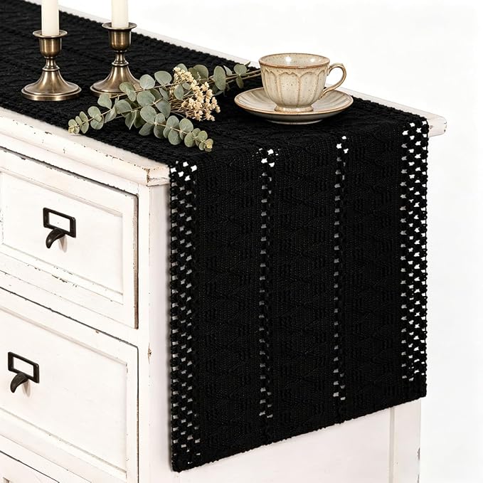 Black Boho Table Runner Farmhouse Macrame Woven Table Runner 12x36 Inch | Small by MLMC