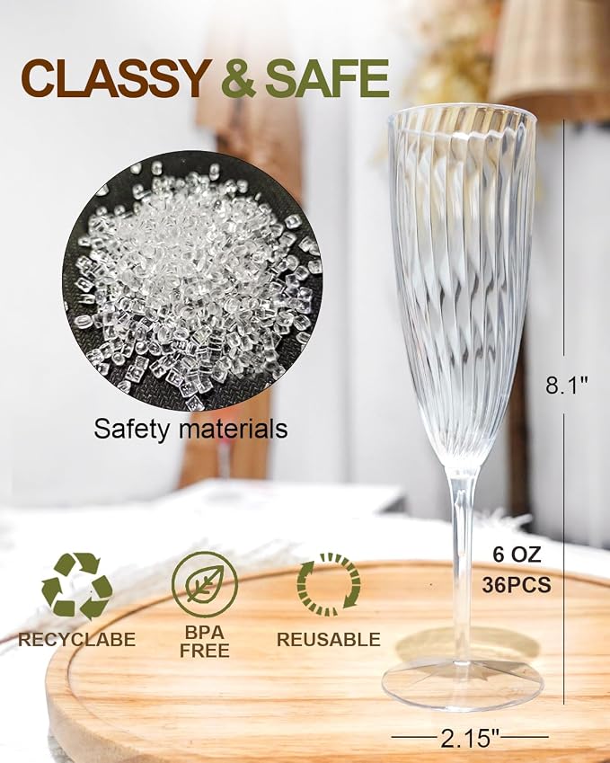 36 Pack Plastic Champagne Flutes, 6 Oz Clear Disposable Wine Glasses | Elegant - Image 4