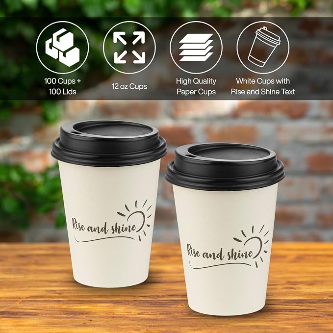Disposable Coffee Cups with Lids, To Go Paper Hot Cups, Rise and Shine Design - Image 2