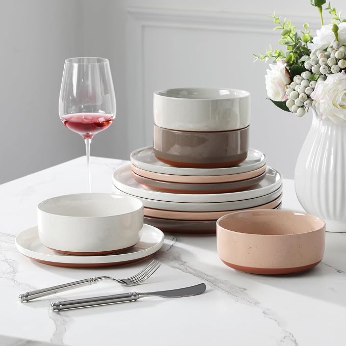 MALACASA Plates and Bowls Sets, 12 Pieces Modern Stoneware Dinnerware Set - Image 7