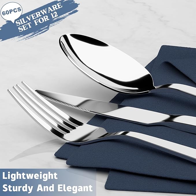 Yoehka 60 Piece Silverware Set, Stainless Steel Flatware Set - Image 2