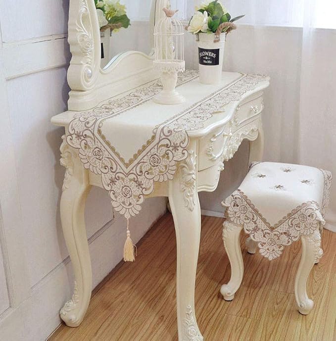 LeLehome Classic Table Runner 15 Inch X 77 Inch, Flower Embroidery Beige Brown - Image 7