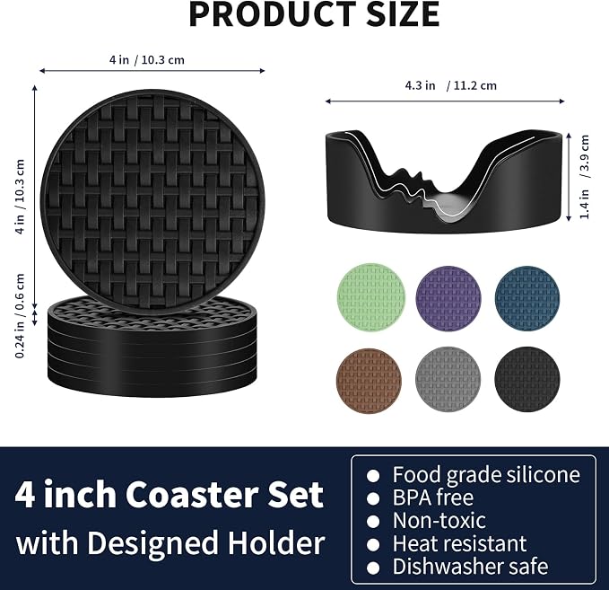 4 Inch Black Silicone Drink Coaster Set of 6, Heat-Resistant Non-Slip Mats | - Image 2