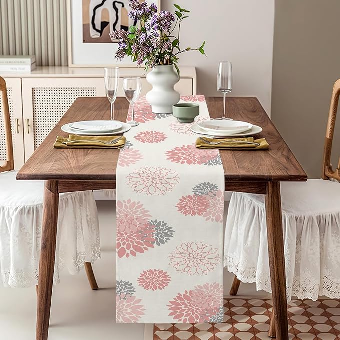 Pink Grey Table Runner Dahlia Flower Beige Burlap Table Runners Modern Elegant - Image 3
