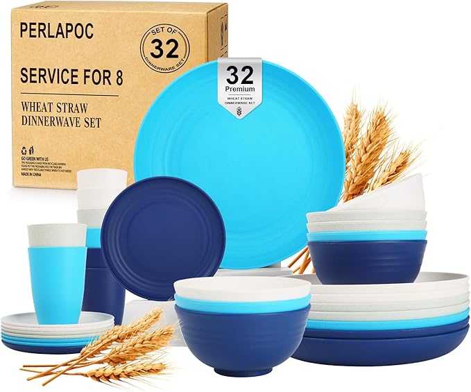 Wheat Straw Dinnerware Sets of 32, Unbreakable Plates and Bowls Sets Service by Perlapoc