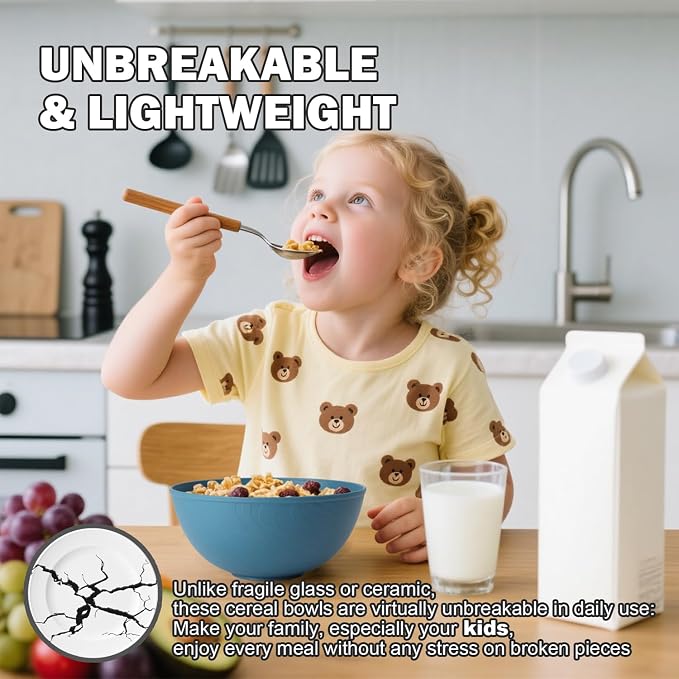 Cereal Bowls 40 OZ Set of 6, Unbreakable Lightweight Bowls Set, Microwave & - Image 8