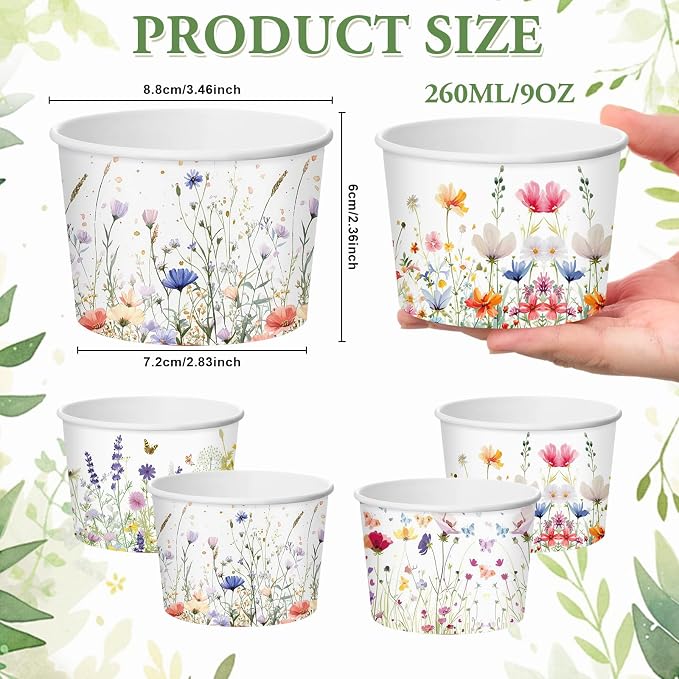 CHENGU 60 Pcs Wildflower Snack Cups 9 oz Flower Ice Cream Paper Bowls - Image 2