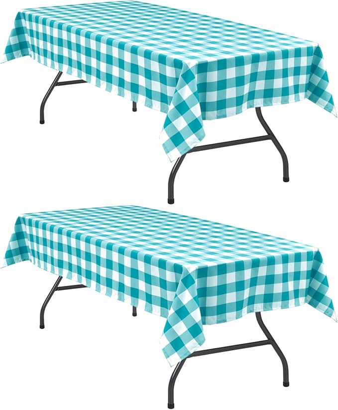 Plaid Tablecloth 2 Pack, 60 x 120 inch, Turquoise and White | Waterproof by Hiasan