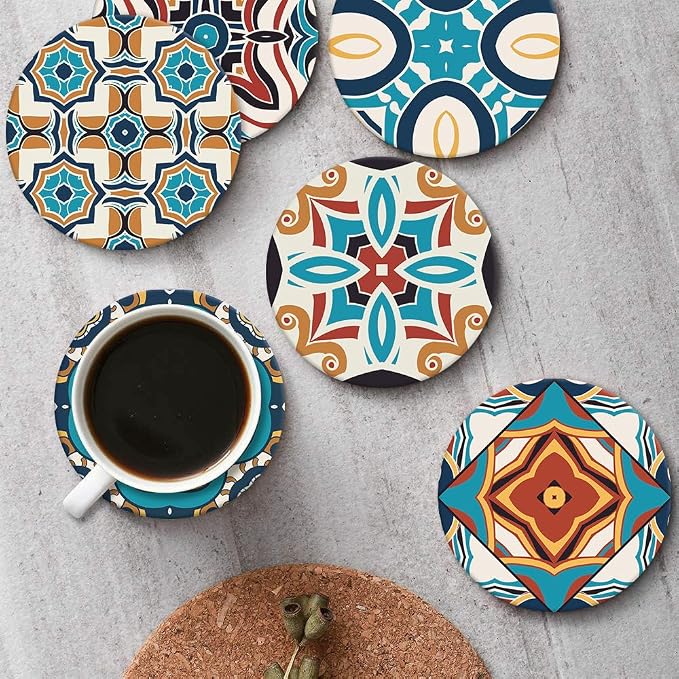 Coasters for Drinks, Ceramic Stone Moroccan Spanish | Ornate Absorbent Round - Image 4
