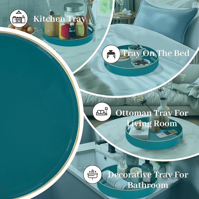 13" Teal Decorative Tray, Plastic Round Serving Tray - Image 7