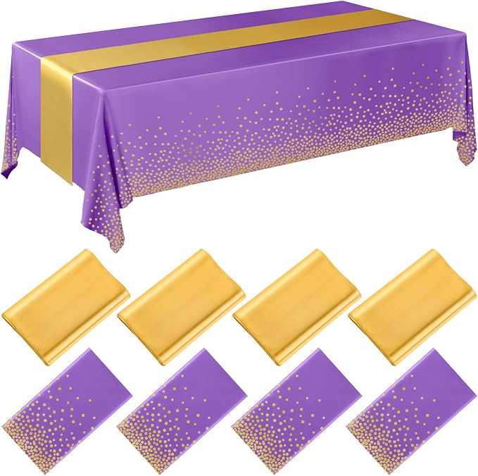 8 Pack Purple and Gold Disposable Plastic Tablecloths and Satin Table Runner Set by Breling