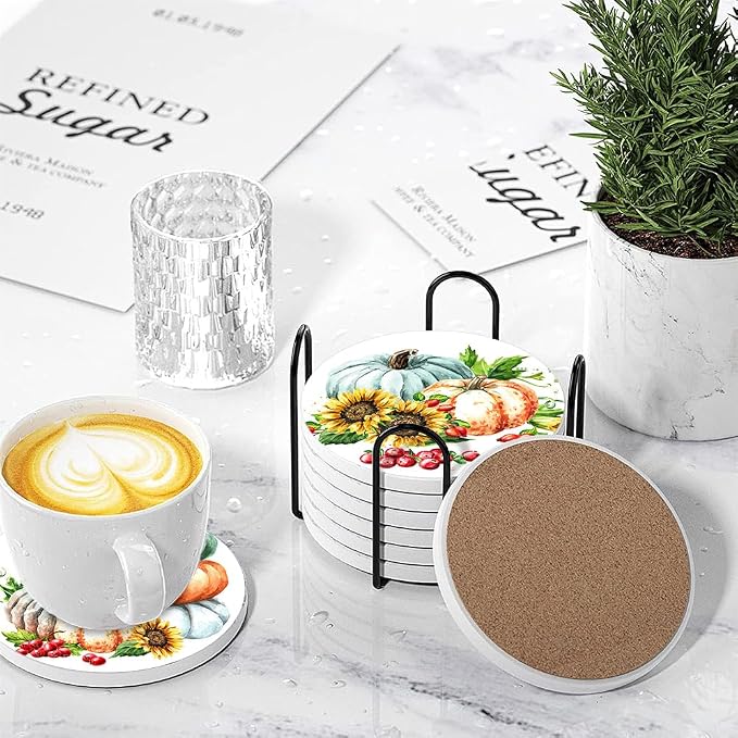 Drink Coasters for Drinks Set of 6, Autumn Pumpkins Sunflower and Berries - Image 4