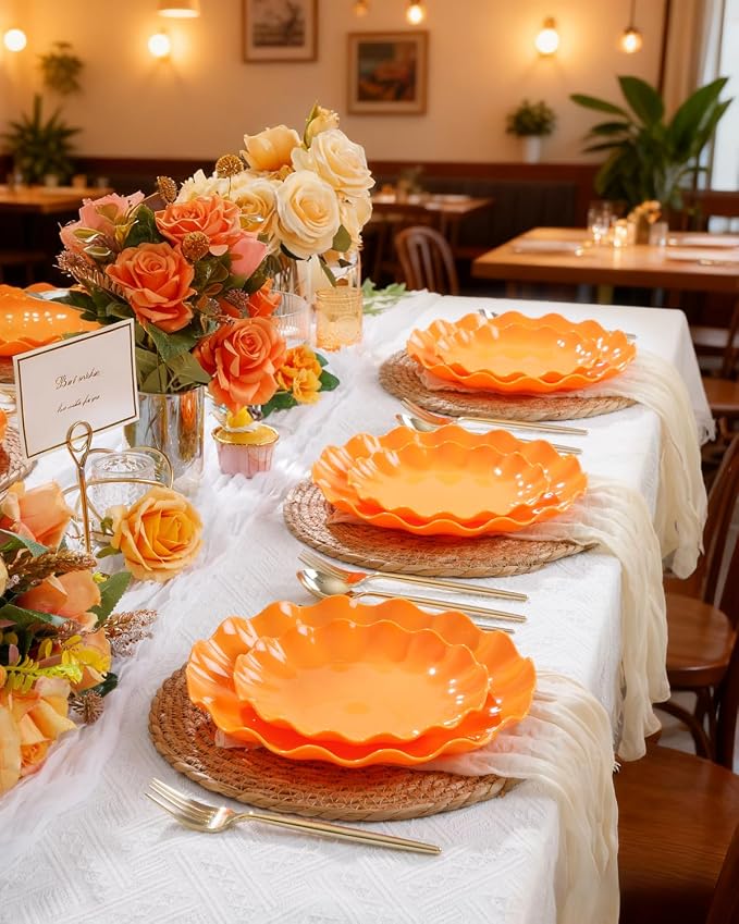 LIYH 24Pcs Orange Plastic Plates Reusable, Dinner And Salad Set - Image 7