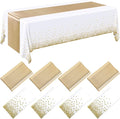 8 Pack White and Gold Disposable Plastic Tablecloths and Satin Table Runner Set by Breling
