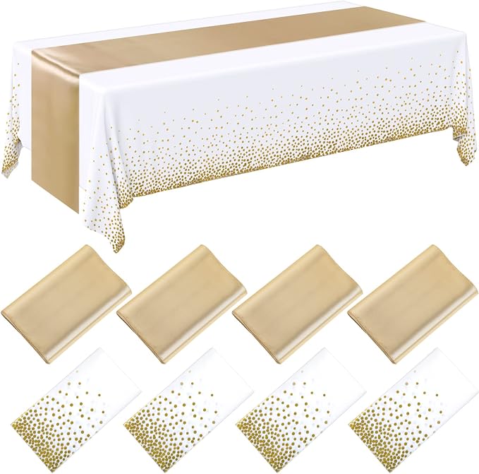 8 Pack White and Gold Disposable Plastic Tablecloths and Satin Table Runner Set by Breling