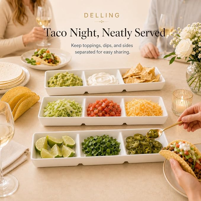 DELLING 16x5 Inch Ceramic 3-Section Serving Tray Set of 3, Stackable Divided - Image 6