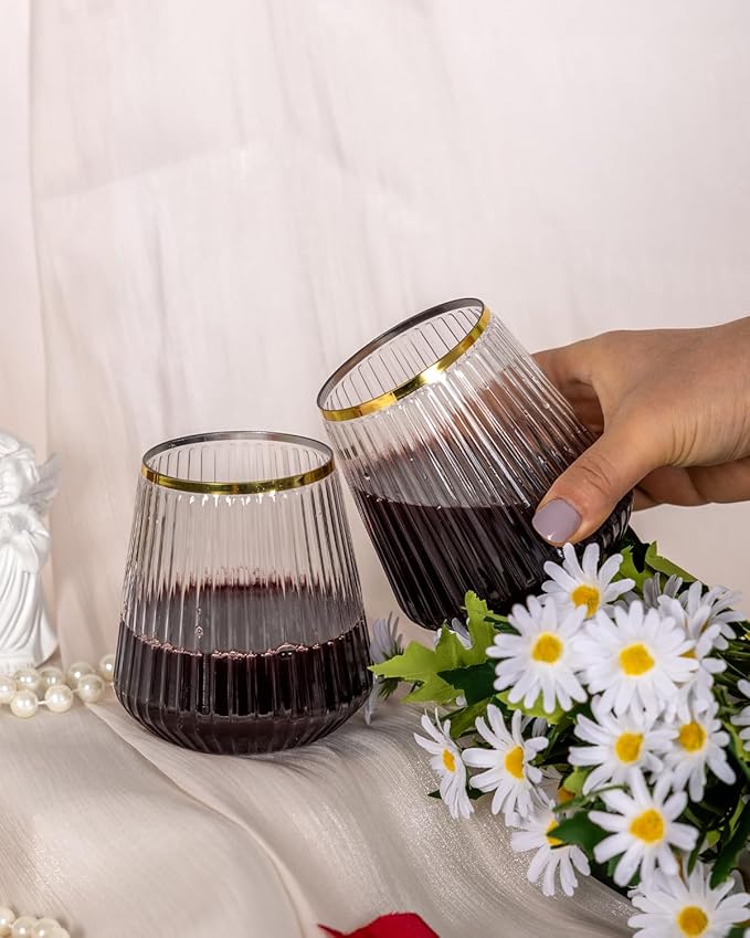 Goodluck 120 Pack 12oz Stemless Ribbed Plastic Wine Glasses Gold Rim | Clear - Image 5