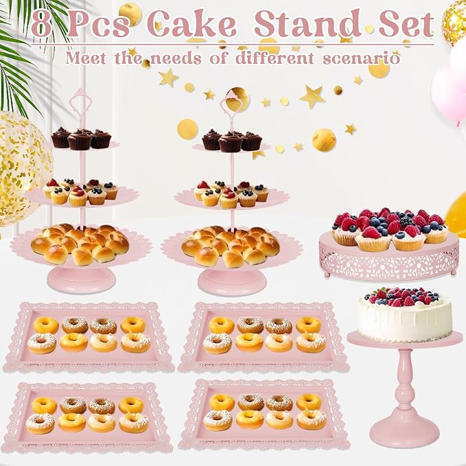 Fivenl 8 Pcs Cake Stand Pink Metal Dessert Table Display Set, 3-Tier Cupcake - Image 7