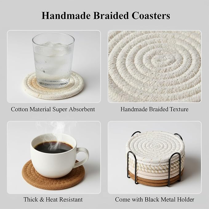 Drink Coasters Set of 8 with Holder, Cotton Woven | Absorbent cotton woven - Image 5