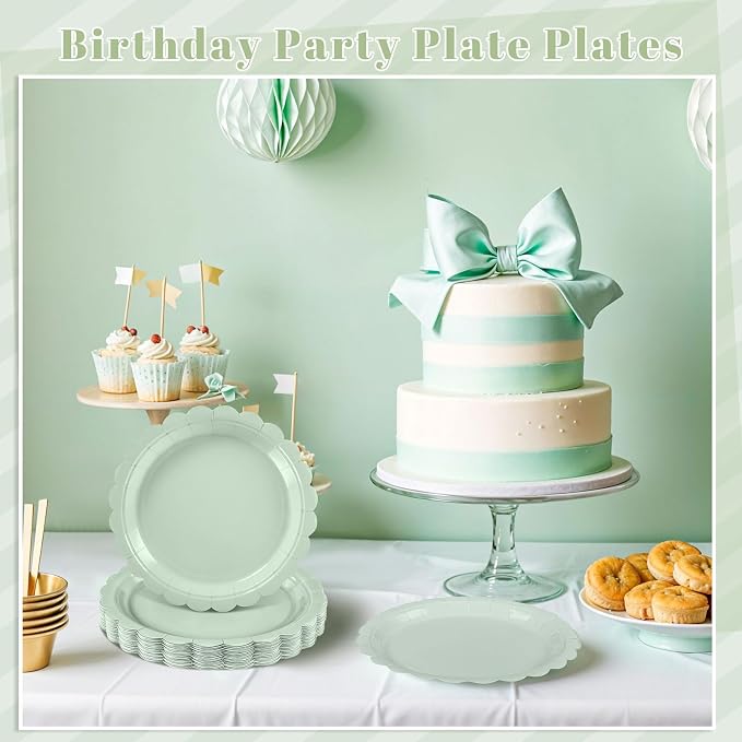 NatNarr 30 Pk Sage Green Paper Plates 9" Scalloped Sage Baby Shower Plates | - Image 7