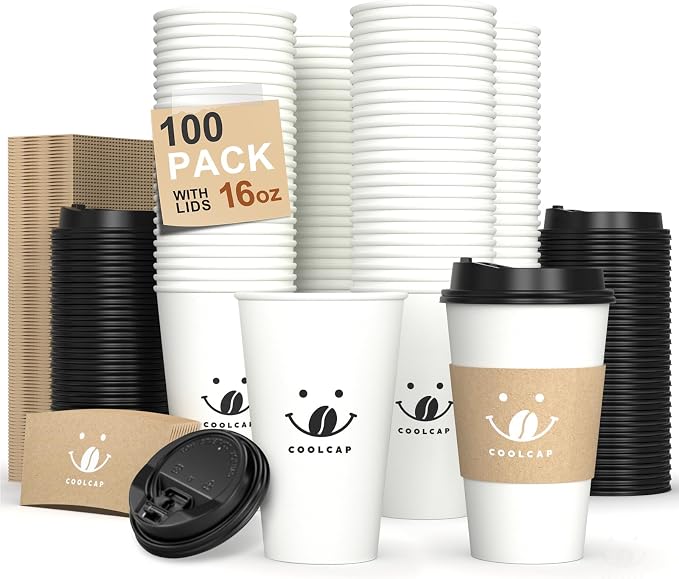 Coffee Cups with Lids and Sleeves, 16 Ounce 100 pack To Go Coffee Cups with Lids by COOLCAP