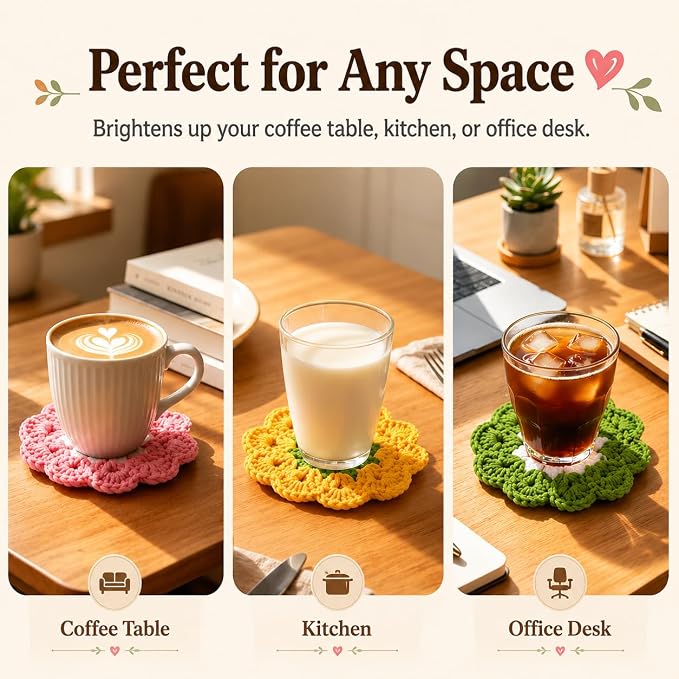 Coasters for Drinks Set of 5, Cute Flower Crochet Drink Coasters for Coffee - Image 6