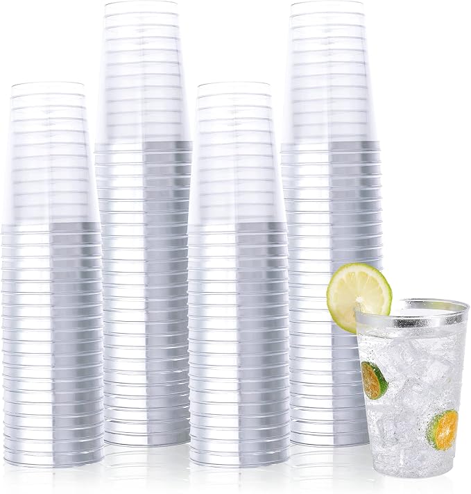 Vplus 150 Pack 12 OZ Silver Rimmed Disposable Plastic Cups by Vplus