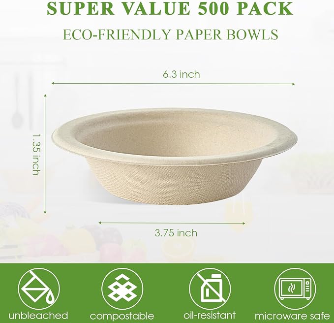 Vplus 500 Pack 12 OZ Compostable Paper Bowls, Bagasse Bowls Bulk，Nature | - Image 3