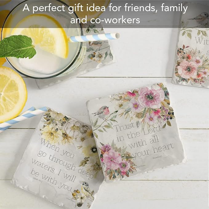 Thirstystone Floral Scriptures 4 Pack Assorted Tumbled Tile Stone Coasters | 4" - Image 5
