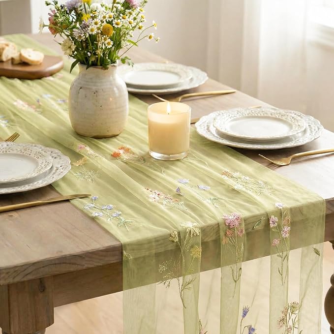 Artoid Mode Wildflower Floral Fern Green Gauze Embroidery Table Runner 120 Inch - Image 4