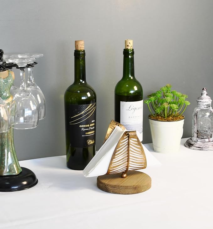 OwlGift Freestanding Modern Napkin Holder w/Bronze Metal Leaf & Brown Wooden - Image 2