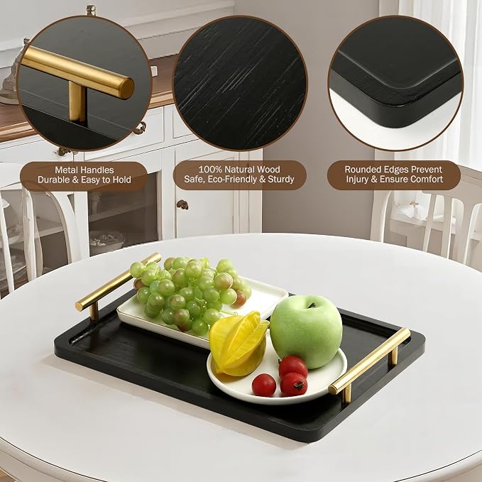 PEKER Wooden Serving Tray with Metal Handles, Ottoman & Home Décor, Wooden Food - Image 5