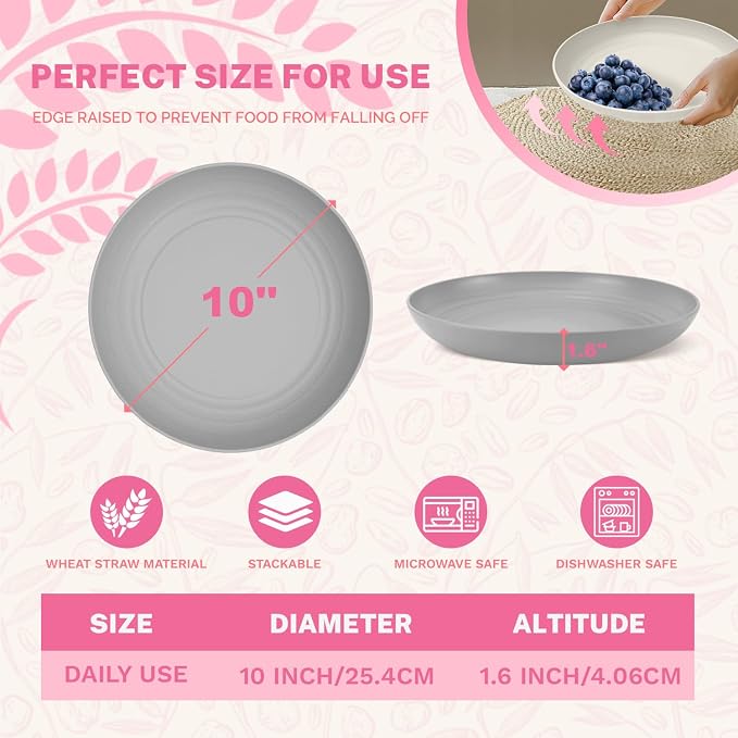Premium Wheat Straw Dinner Plates, Reusable 8 PCS Unbreakable Plates 10 inch - Image 2
