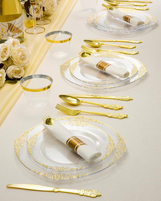 350 Piece Clear Gold Plastic Dinnerware Set - Image 7
