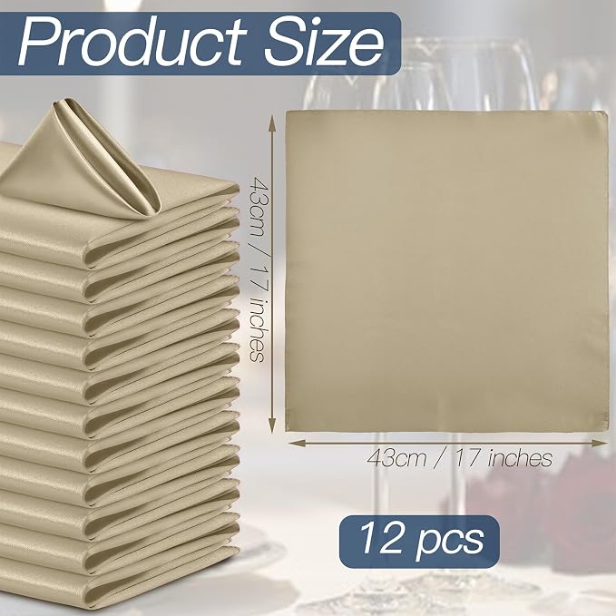 P Pothuiny 12 Pcs Beige Satin Napkins 17 x 17 Inch, Satin Cloth Napkins | - Image 2