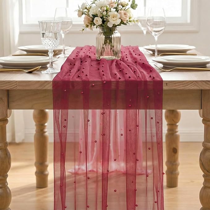 Artoid Mode Pearl Burgundy Gauze Table Runner 120 Inch 10FT, Seasonal Sheer - Image 2