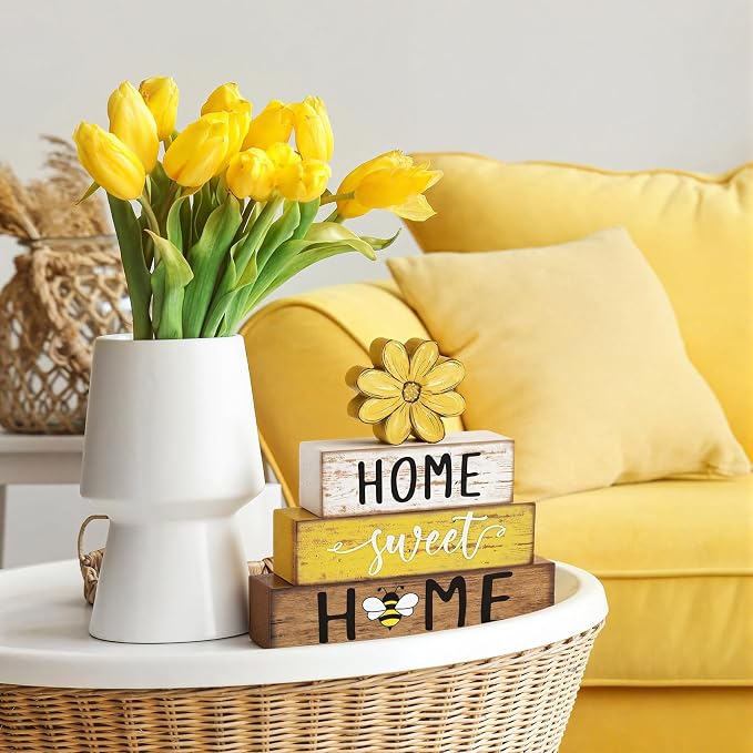 Cinnvoice 4 Pcs Yellow Bee Daisy Wooden Block Decor Farmhouse Tiered Tray Signs - Image 5