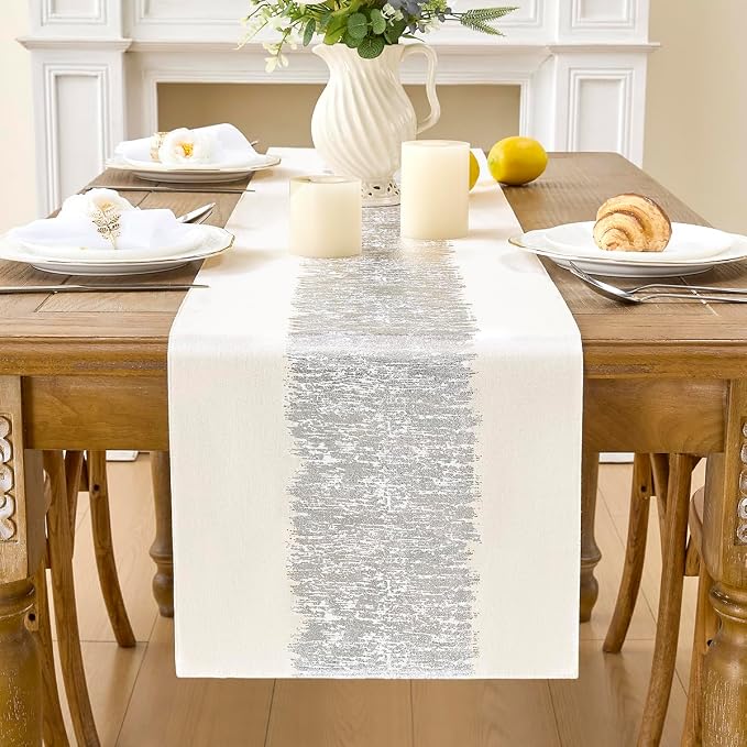 Metallic Style Silver Table Runner, Table Runners 90 Inches Long | Cotton Linen by Aiimart